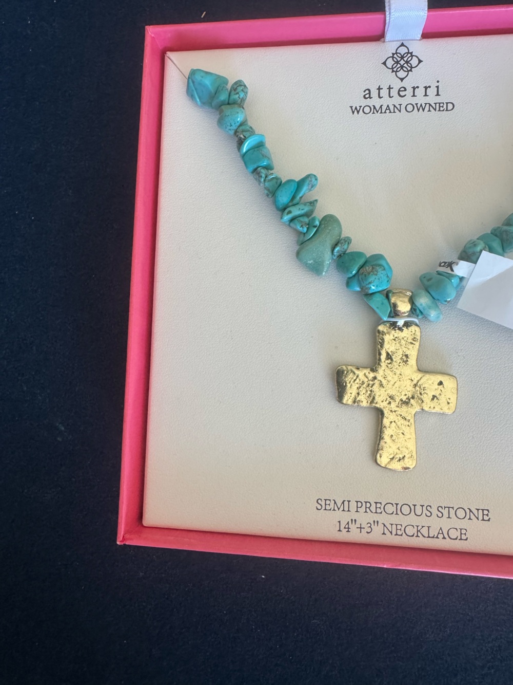 Atterri Turquoise Stone Necklace with Gold Cross Pendant/ adjustable & gorgeous
